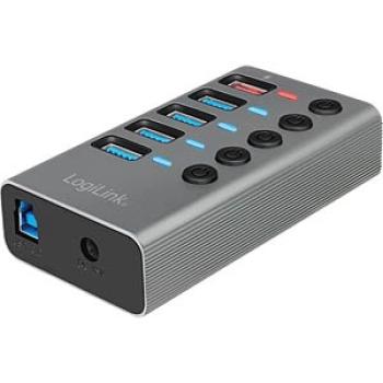 LogiLink UA0386 USB 3.2 G.1 Hub, 4 Ports + 1x Schnell-Ladeport, Ein/Aus-Schalter , incl.Kabel - Alu