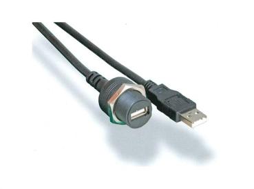 Sonderanfertigung USB2.0 Kabel IP66 , USB A Buchse m. Flansch   USB A Stecker, UL2725,  schwarz - 0.50m