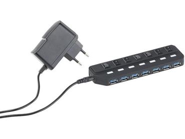 XYSTEC Aktiver USB2.0  7-Port Hub ,einzeln schaltbar ein / aus , 2A Netzteil , schwarz