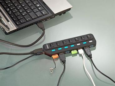 XYSTEC Aktiver USB3 7-Port Hub ,einzeln schaltbar ein / aus , 2A Netzteil , schwarz