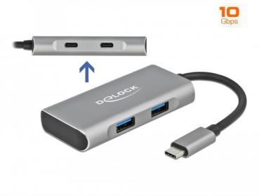 Delock Externer USB 3.2 G.2 Hub4 USB -C Stecker >2 x USB-A u. 2 x USB-C , 10Gbps ,Alu ,Grau - Kabel 0,12m