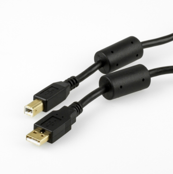 Sonderanfertigung USB2.0 Kabel , UL2725 , USB A Stecker <> B Stecker vergoldet  , 2 x Ferrite , schwarz - 0,30m