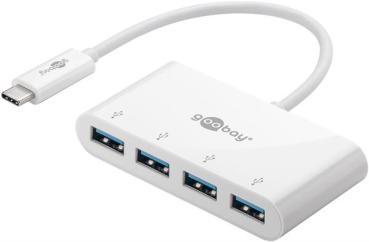 4-fach USB-C Multiport-Adapter USB-C Stecker > 4 x USB3-A Buchse , 5 Gbps , weiß , Kabel - 0,16m
