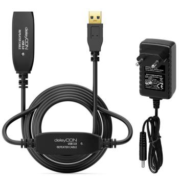 Repeater USB 3.0 Kabel  , Aktive Verlängerung mit 2 Verstärker und Netzteil  5V DC , schwarz - 10m