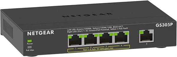 NETGEAR GS305P PoE Switch 4 Port Gigabit Ethernet PoE+ 63W (5 Ports ),lüfterlos , Metallgehäuse