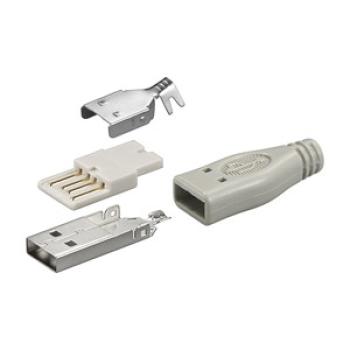 USB Stecker Typ A 4-pin ( 3-teilig ), Lötversion ,1x Knickschutztülle grau