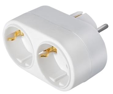 Stromadapter, 2-fach Strombuchsen Schutzkontakt, weiß