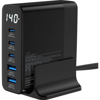 140W USB PD GaN Multiport-Ladegerät 5-port , 3x USB-C / 2x USB-A- QC 3.0 , mit Display - schwarz