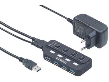 XYSTEC USB3.0  Aktiver  4-Port Hub ,einzeln schaltbar ein / aus , b.z. 5 Gbit`s , 2A Netzteil , schwarz