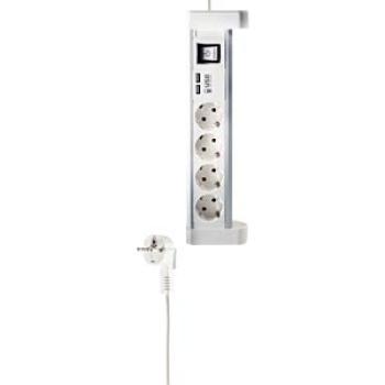 Preview: Tischsteckdosenleiste 4-fach mit 2xUSB Ladefunktion ,Schalter,16A / 3680W, weiß Alu , Kabel 1.5m