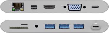 Premium USB-C Multiport-Adapter All in1 ,HDMI 4Kx2K ,VGA ,MDP,3xUSB3 ,CR SD/MSD,RJ45,PD,Alu -0,135m