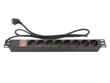 19" Steckdosenleiste  8-fach ,1HE , mit Schalter , Kunststoffprofil , schwarz - Kabel - 2m