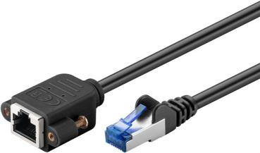 CAT 6A Verlängerungskabel, S/FTP (PiMF) ,RJ45 STP <> RJ45 STP Montageflansch , LSZH , schwarz - 0.5m