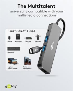 Slim 5-Port USB3.2-C  Hub, USB-C auf  2xUSB-C / 2xUSB-A ,1xHDMI , 5 Gbit/s ,hellgrau- Kabel 0,10m