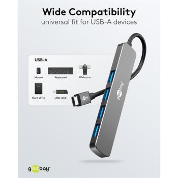 Slim 4-Port USB-Hub, USB-C-Stecker (USB 3.2) > 4x USB-A (USB 3.2) , 5 Gbit/s , grau -Kabel 0.10m