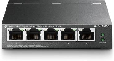 TP-Link TL-SG1005P PoE Switch 5-Port  Gigabit , 4 PoE+1 Ports ( 65 Watt ) , IEEE-802.3af/at PoE ,lüfterlos,  Metallgehäuse