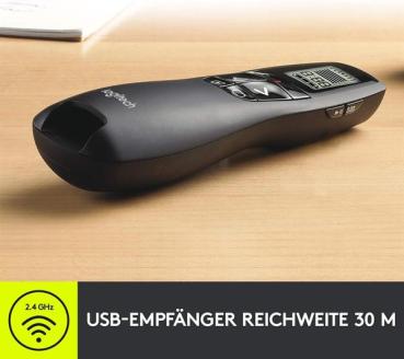 Logitech R700 Presenter, Kabellose 2.4 GHz Verb. via USB-Empfänger , 30m,6 Tasten - Schwarz