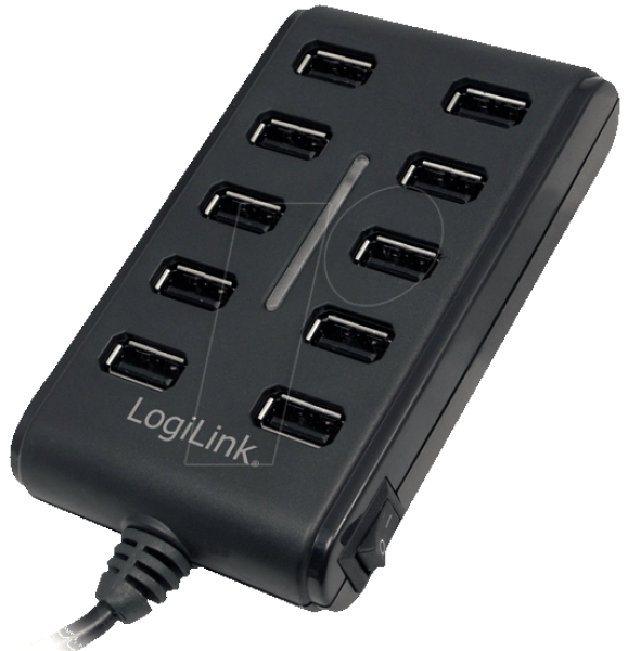 LOGILINK UA0125 USB 2.0 HUB 10-port aktiv , inkl. 3,5A Netzt.,105x61x18mm ,Schalter E/A - schwarz