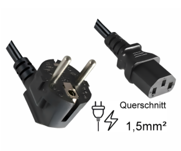 Netzkabel Europa , Stecker CEE7/7  90°   Stecker C13  , 1.5mm² , VDE , schwarz - 1.8m
