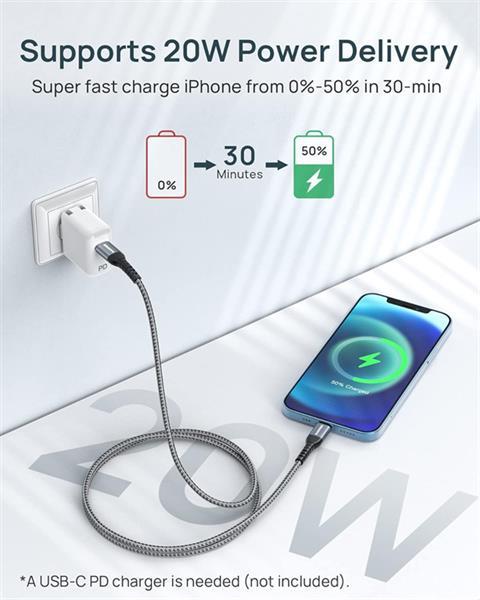 Apple Lightning Kabel ( MFi-Chip ) C94 -Lighting Stecker > USB - C , 20 W PD-Schnellladekabel , Nylon - 2m