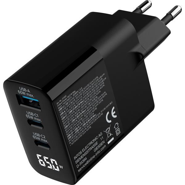 65W USB PD GaN Multiport-Ladegerät 3-port , 2x USB-C /1x USB-A- QC ,mit Display - schwarz