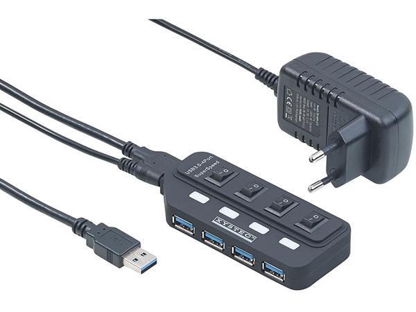XYSTEC USB3.0  Aktiver  4-Port Hub ,einzeln schaltbar ein / aus , b.z. 5 Gbit`s , 2A Netzteil , schwarz