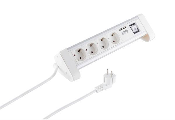 Tischsteckdosenleiste 4-fach mit 2xUSB Ladefunktion ,Schalter,16A / 3680W, weiß Alu , Kabel 1.5m