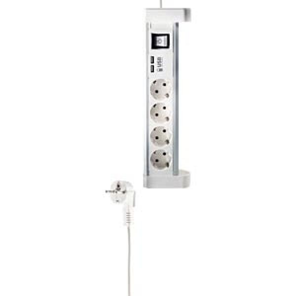 Tischsteckdosenleiste 4-fach mit 2xUSB Ladefunktion ,Schalter,16A / 3680W, weiß Alu , Kabel 1.5m