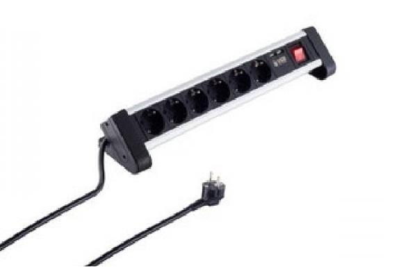 Tischsteckdosenleiste 6-fach mit 2xUSB Ladefunktion ,Schalter,16A / 3500W, schwarz Alu , Kabel 1.5m