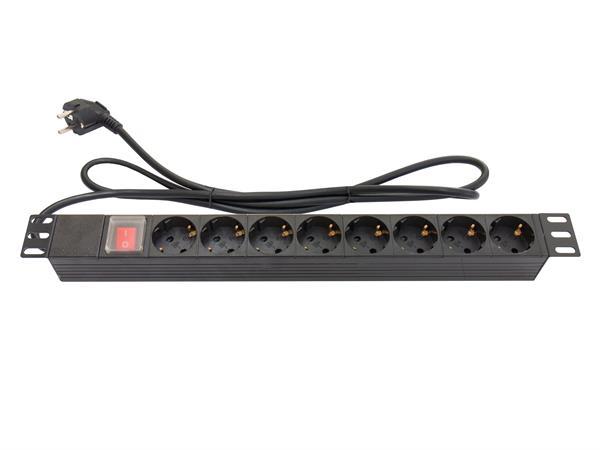 19" Steckdosenleiste  8-fach ,1HE , mit Schalter , Kunststoffprofil , schwarz - Kabel - 2m