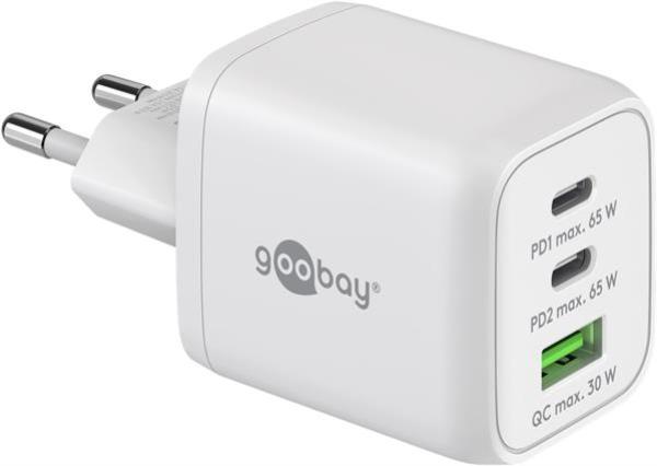 65W Nano USB-C  PD GaN Multiport-Schnellladegerät 3-port , 2x USB-C PD u. 1x USB-A- QC , weiß