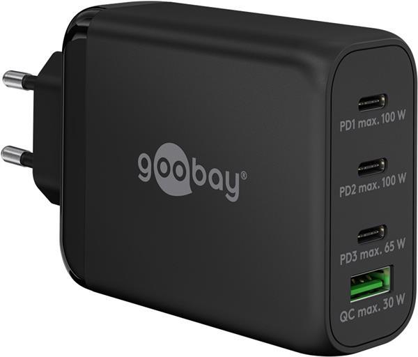 100W USB-C PD GaN Multiport -Schnellladegerät 100-240V , 4-port , 3 x USB-C ,1 x USB-A ( QC ) , CE ,schwarz