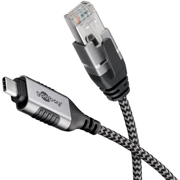 USB-C 3.1 Adapterkabel auf LAN Cat.6 / RJ45S , Slim ,Textilgewebe schwarz/silver -2m