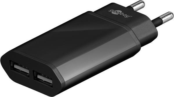 Dual USB Ladeadapter/Netzstecker 100 - 240V > 2x USB-A, 2.4A  / 5V , schwarz