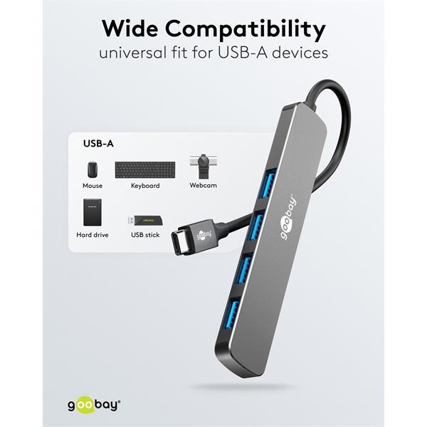 Slim 4-Port USB-Hub, USB-C-Stecker (USB 3.2) > 4x USB-A (USB 3.2) , 5 Gbit/s , grau -Kabel 0.10m