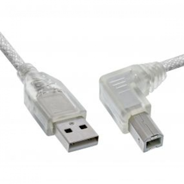 USB2.0 Hi-Speed Kabel ,USB A Stecker   USB B Stecker 90°  rechts abgewinkelt ,transparent - 2m
